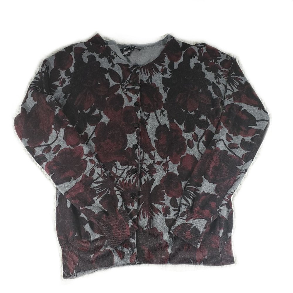 Tracy M Grey Cardigan with Deep Red Floral Print